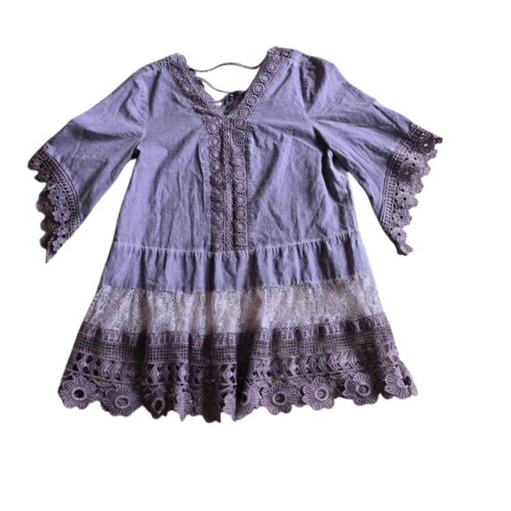 Indigo Thread Co Purple Boho Crochet Lace Tiered Cotton Tunic Top XS
